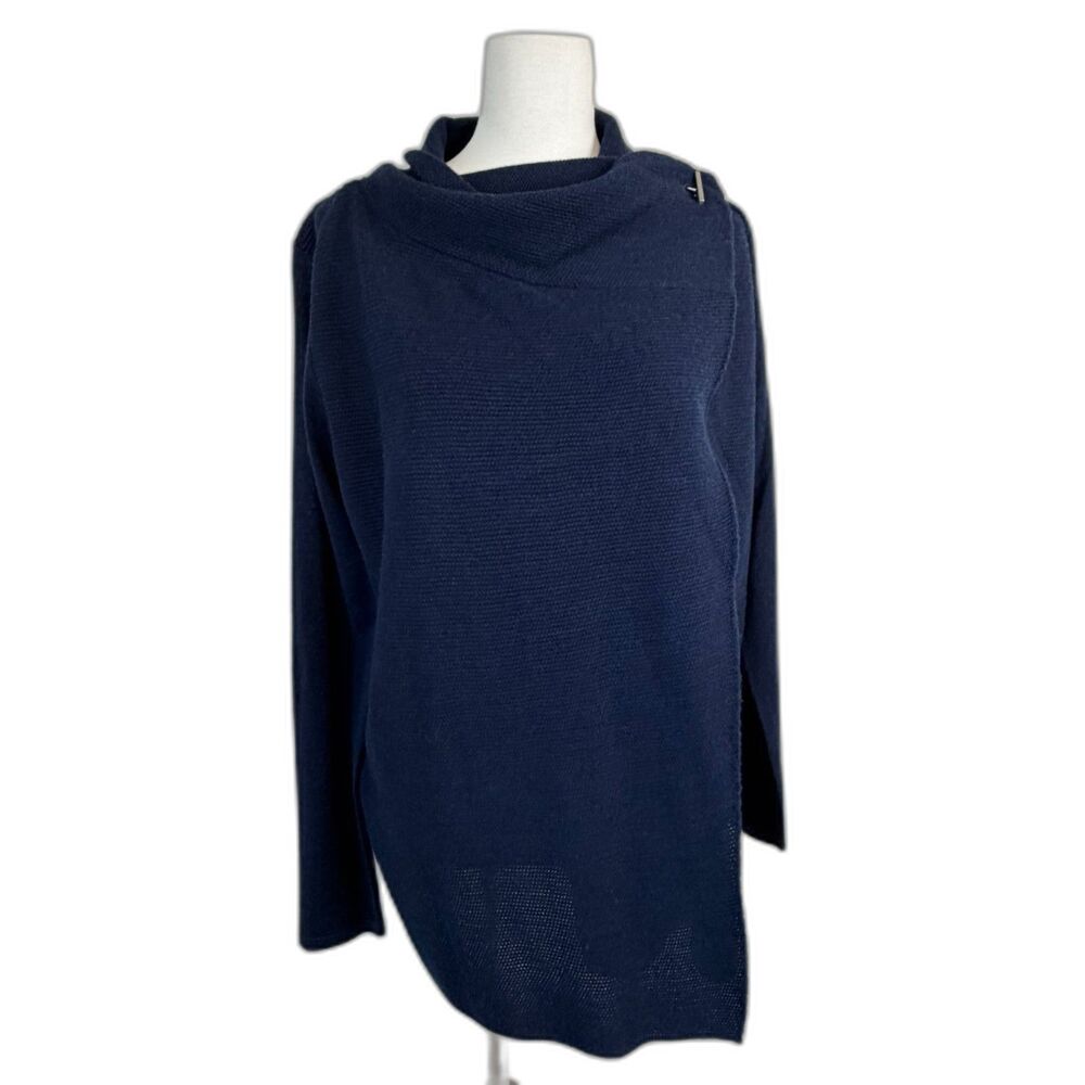 Tahari Merino Wool Blend Wrap Cardigan Sweater Blue Textured Minimalist Size M
